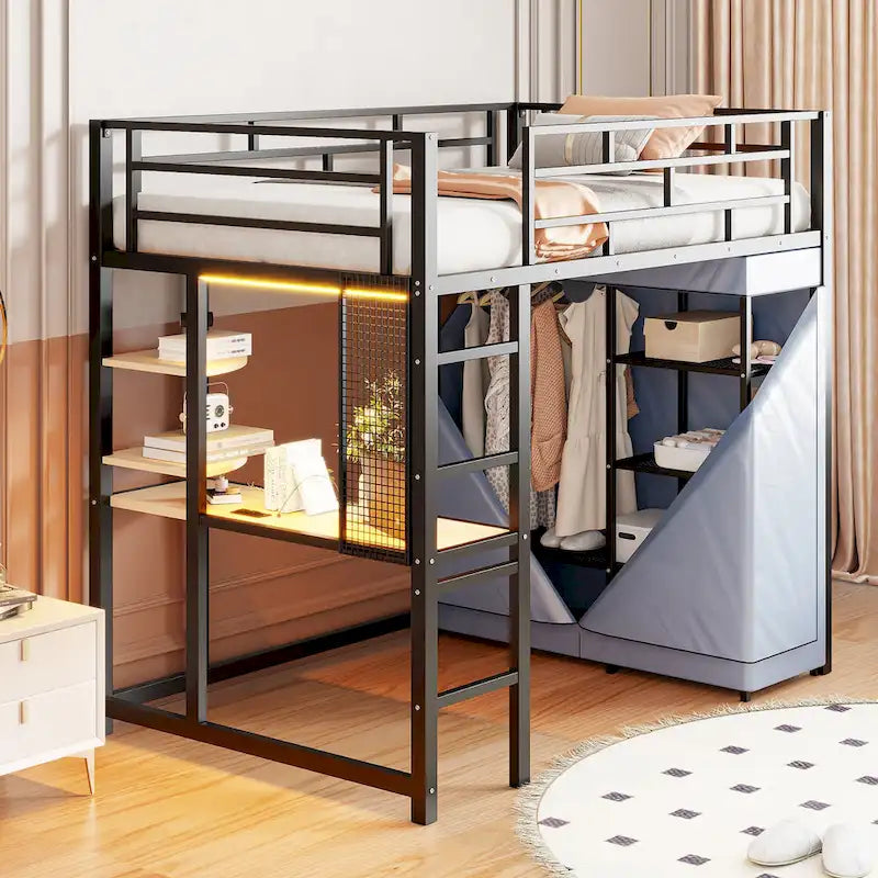 Cama alta doble de metal con escritorio, armario y tomacorriente incorporados - Capacidad de 350 lb