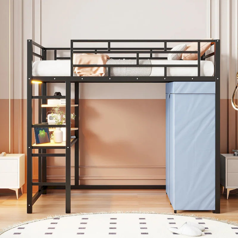 Cama alta doble de metal con escritorio, armario y tomacorriente incorporados - Capacidad de 350 lb