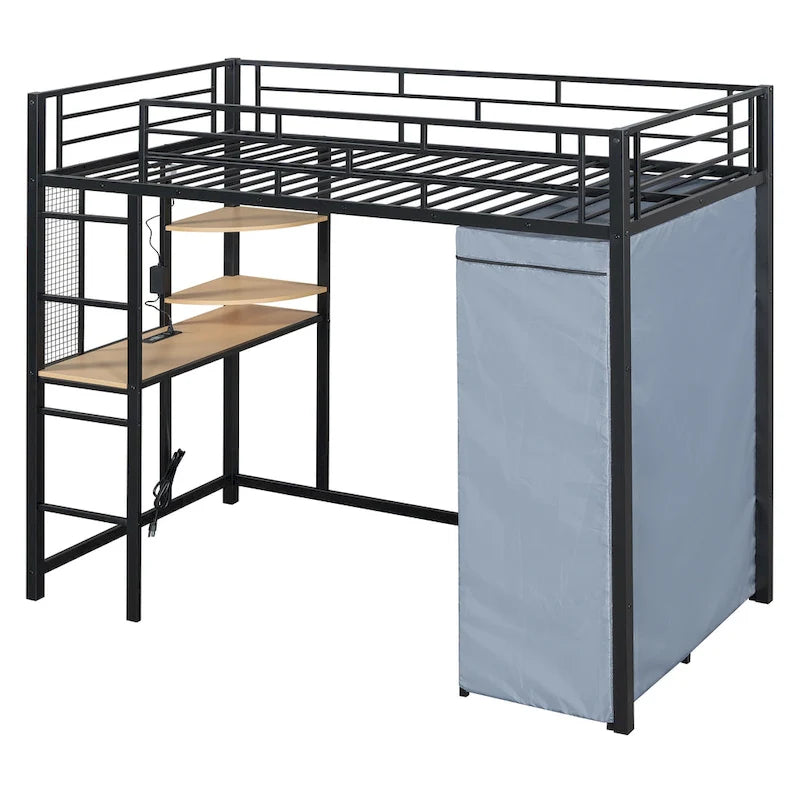 Cama alta doble de metal con escritorio, armario y tomacorriente incorporados - Capacidad de 350 lb