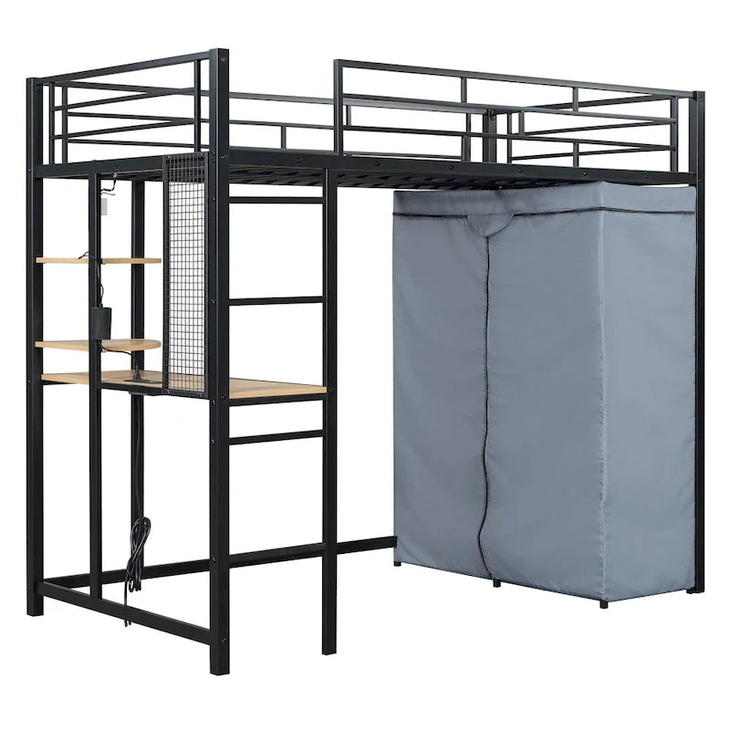 Cama alta doble de metal con escritorio, armario y tomacorriente incorporados - Capacidad de 350 lb