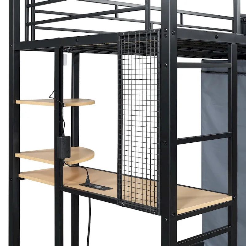 Cama alta doble de metal con escritorio, armario y tomacorriente incorporados - Capacidad de 350 lb
