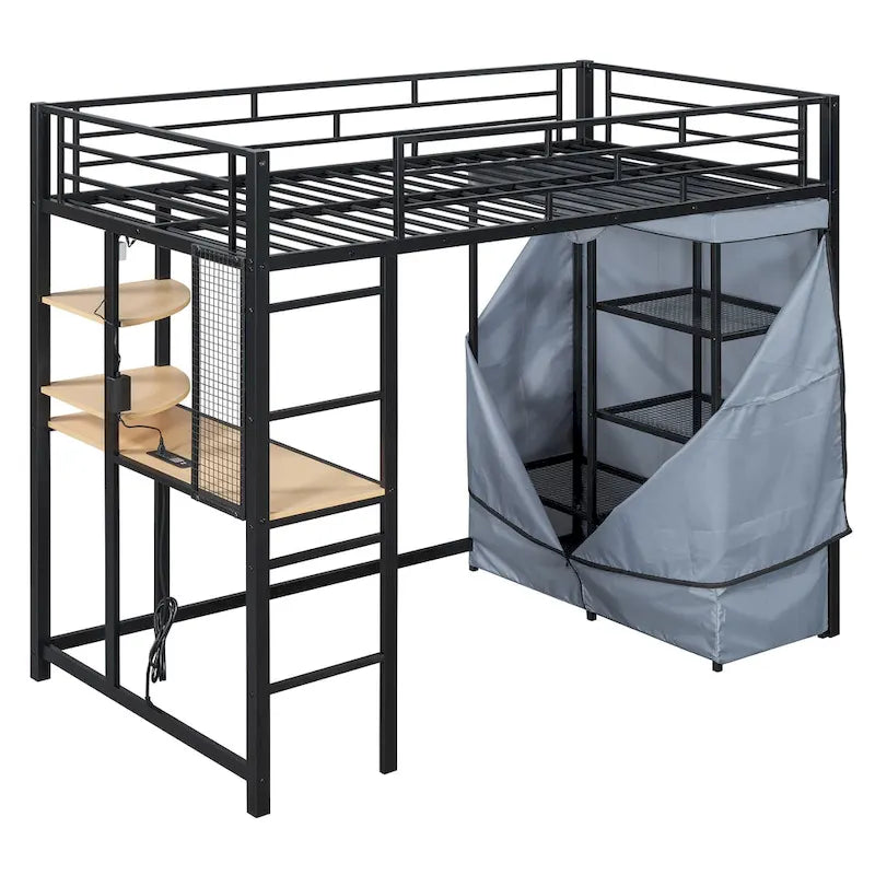 Cama alta doble de metal con escritorio, armario y tomacorriente incorporados - Capacidad de 350 lb