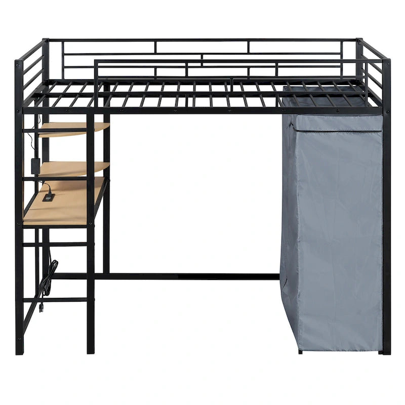 Cama alta doble de metal con escritorio, armario y tomacorriente incorporados - Capacidad de 350 lb