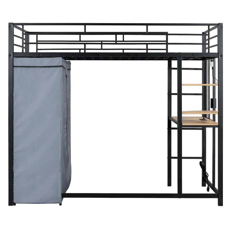 Cama alta doble de metal con escritorio, armario y tomacorriente incorporados - Capacidad de 350 lb