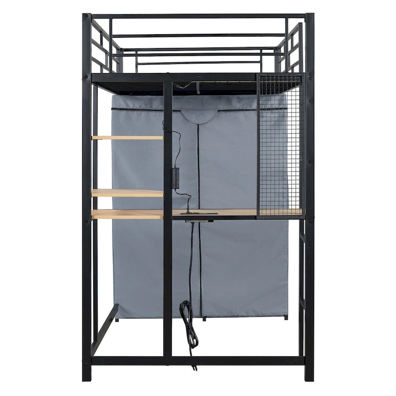 Cama alta doble de metal con escritorio, armario y tomacorriente incorporados - Capacidad de 350 lb