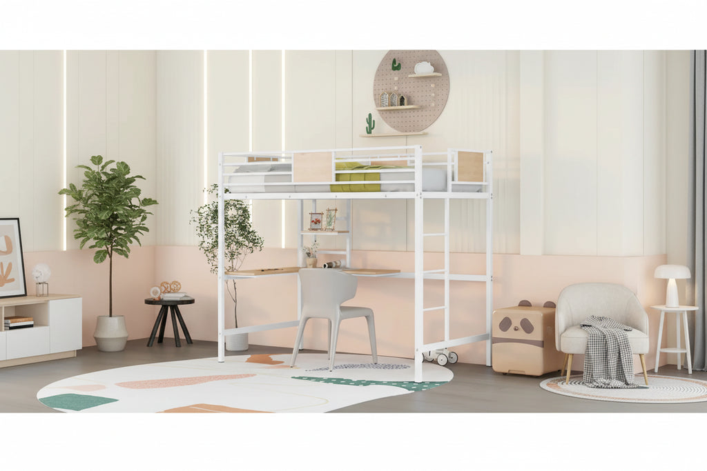 Cama alta metálica individual con escritorio y estantes para niños