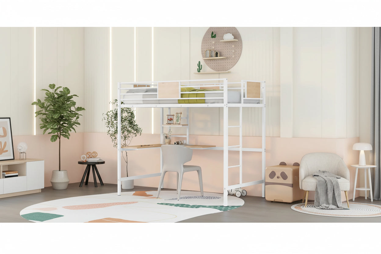 Cama alta metálica individual con escritorio y estantes para niños