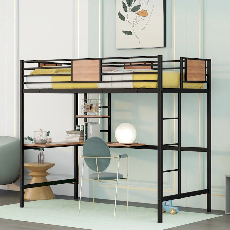Cama alta metálica individual con escritorio y estantes para niños