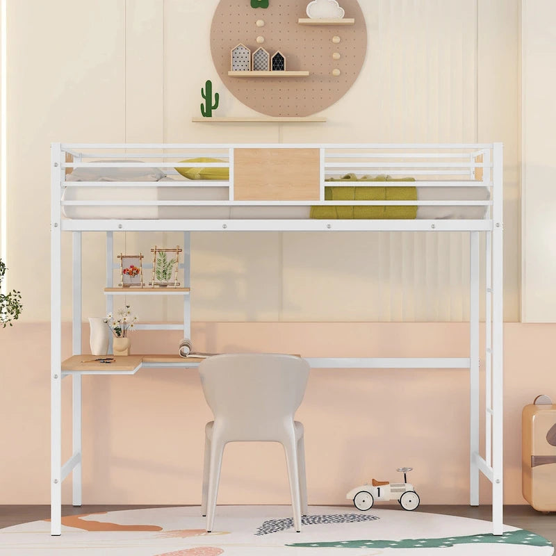 Cama alta metálica individual con escritorio y estantes para niños