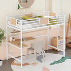 Cama alta metálica individual con escritorio y estantes para niños