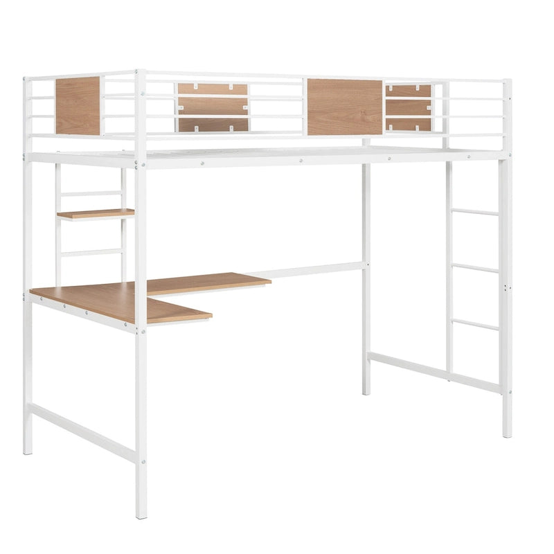 Cama alta metálica individual con escritorio y estantes para niños