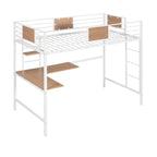 Cama alta metálica individual con escritorio y estantes para niños