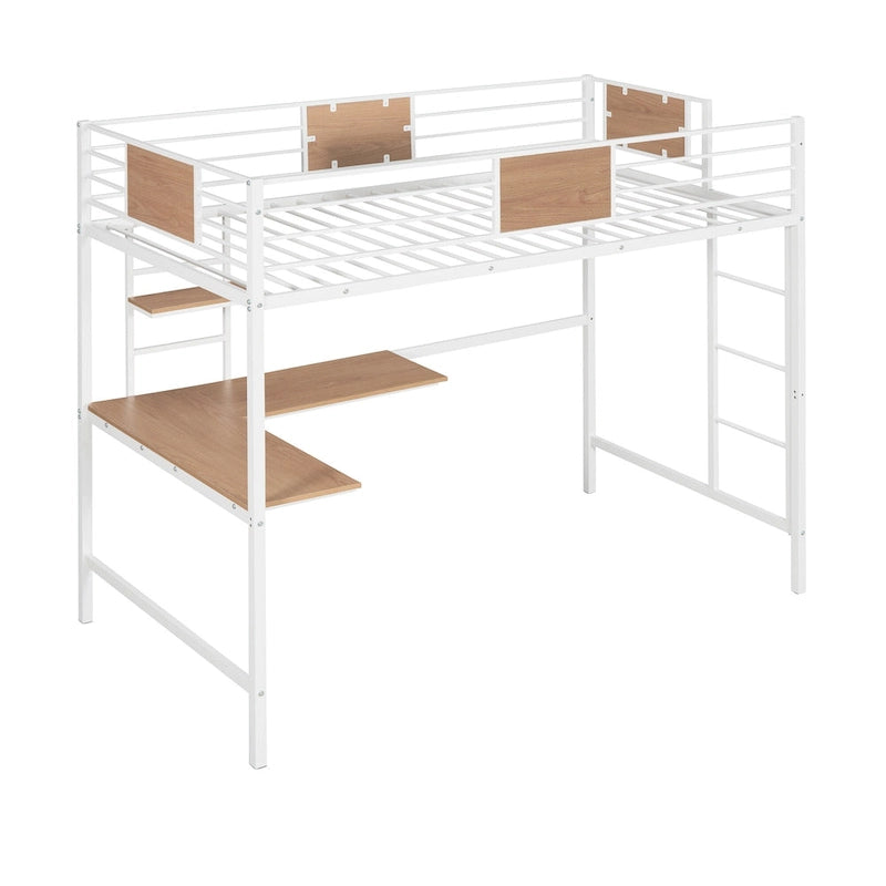 Cama alta metálica individual con escritorio y estantes para niños