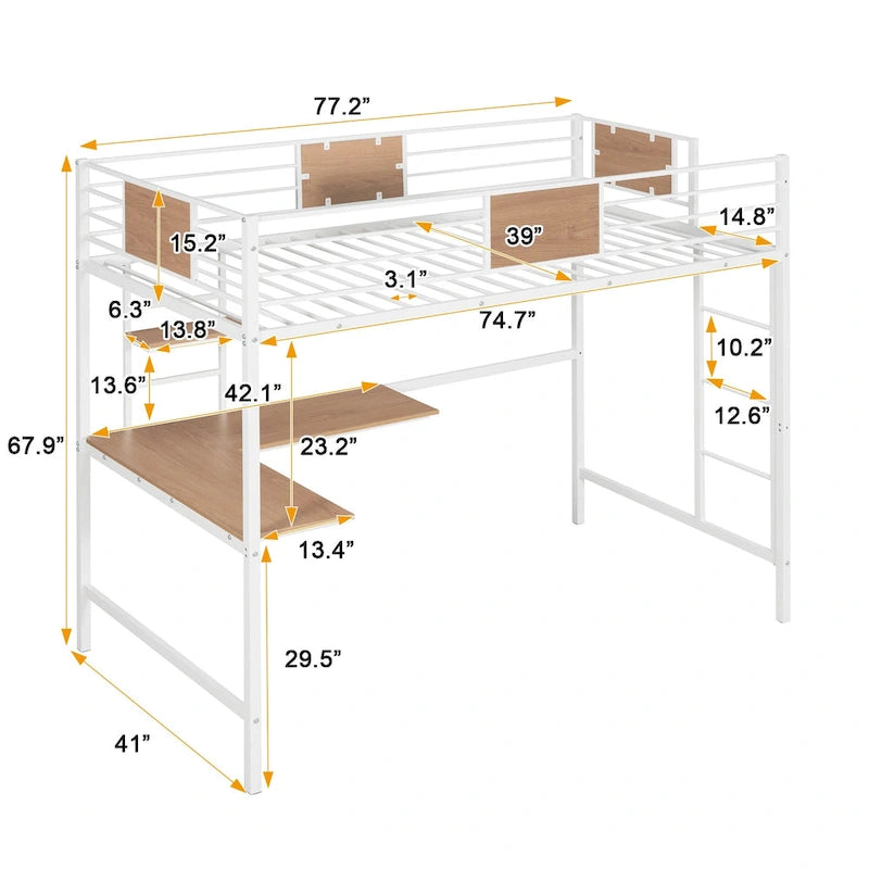 Cama alta metálica individual con escritorio y estantes para niños