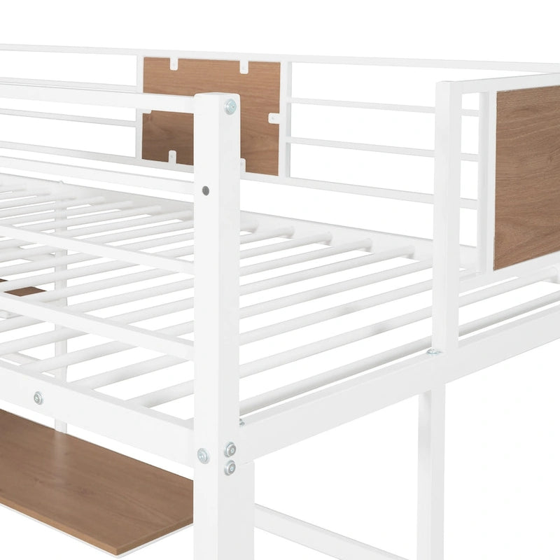 Cama alta metálica individual con escritorio y estantes para niños