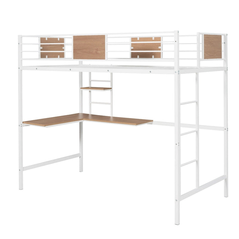 Cama alta metálica individual con escritorio y estantes para niños