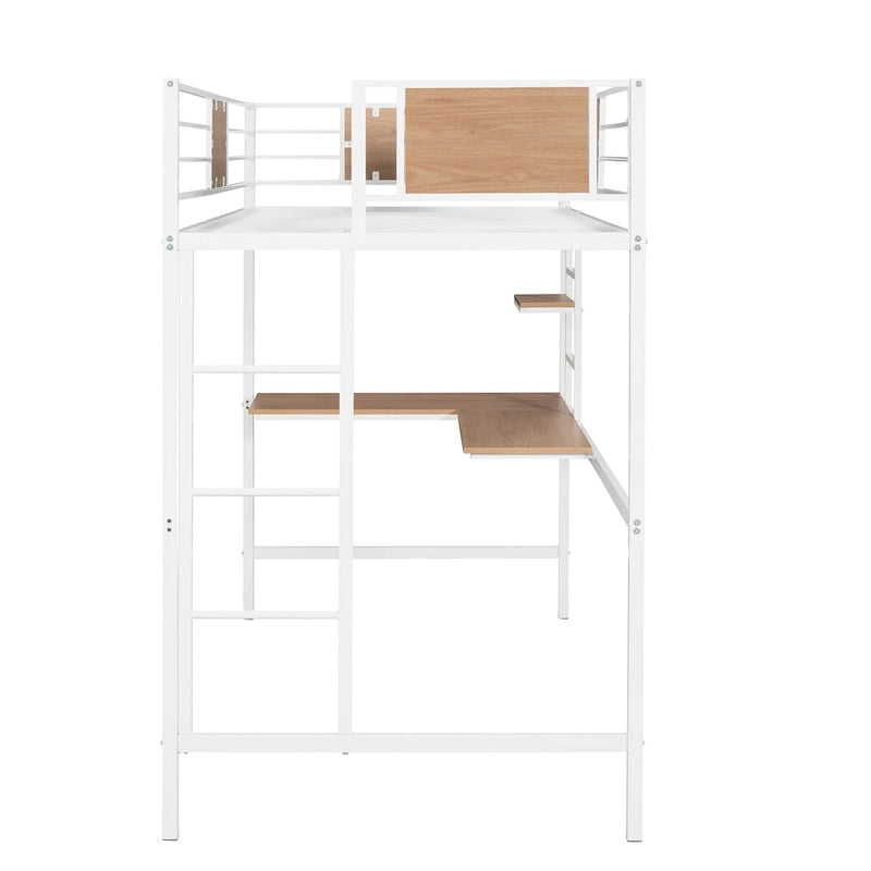 Cama alta metálica individual con escritorio y estantes para niños