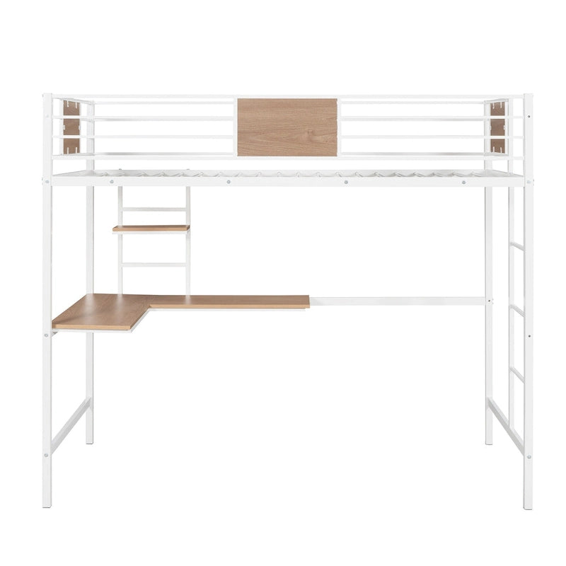 Cama alta metálica individual con escritorio y estantes para niños