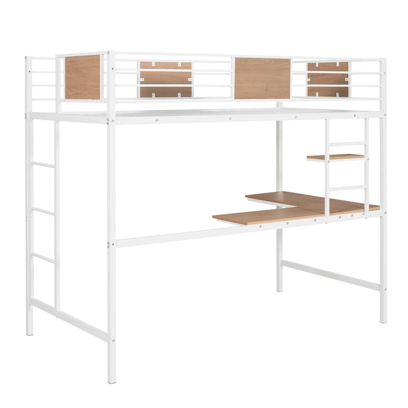 Cama alta metálica individual con escritorio y estantes para niños