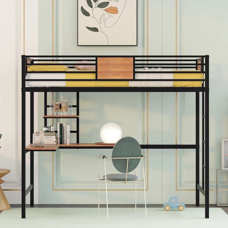 Cama alta metálica individual con escritorio y estantes para niños