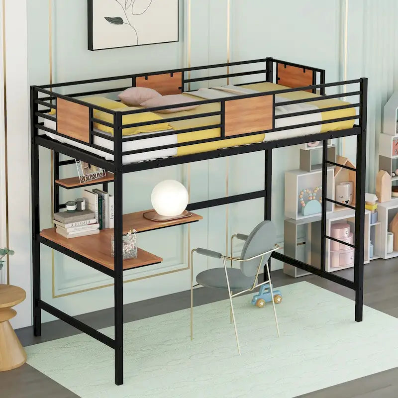 Cama alta metálica individual con escritorio y estantes para niños