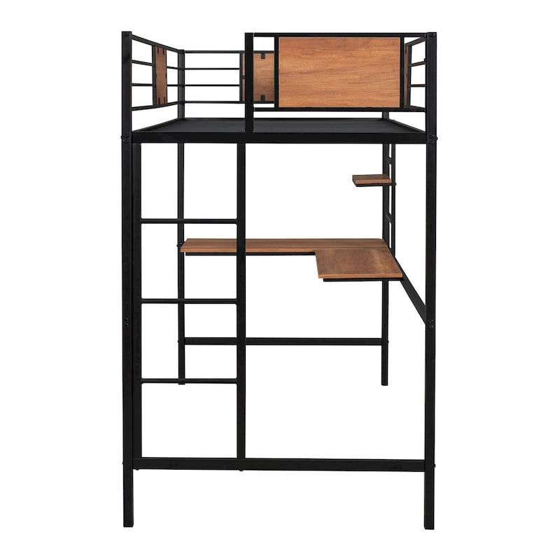 Cama alta metálica individual con escritorio y estantes para niños
