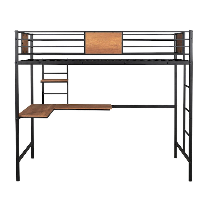 Cama alta metálica individual con escritorio y estantes para niños