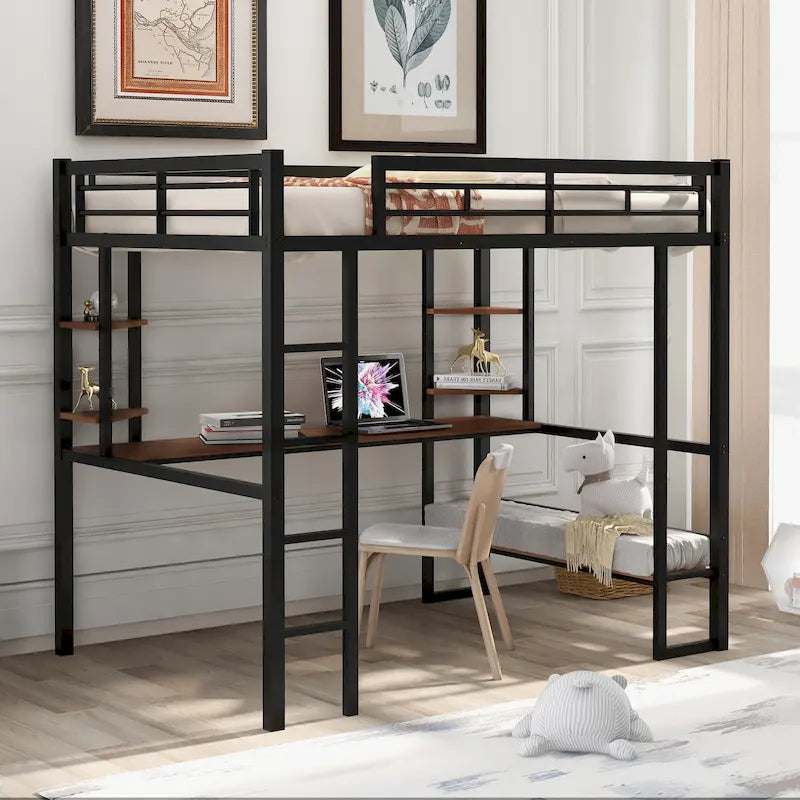 Cama alta de metal de tamaño completo con escritorio largo y estantes para niños y niñas