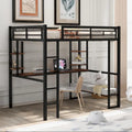 Cama alta de metal de tamaño completo con escritorio largo y estantes para niños y niñas