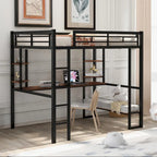 Cama alta de metal de tamaño completo con escritorio largo y estantes para niños y niñas