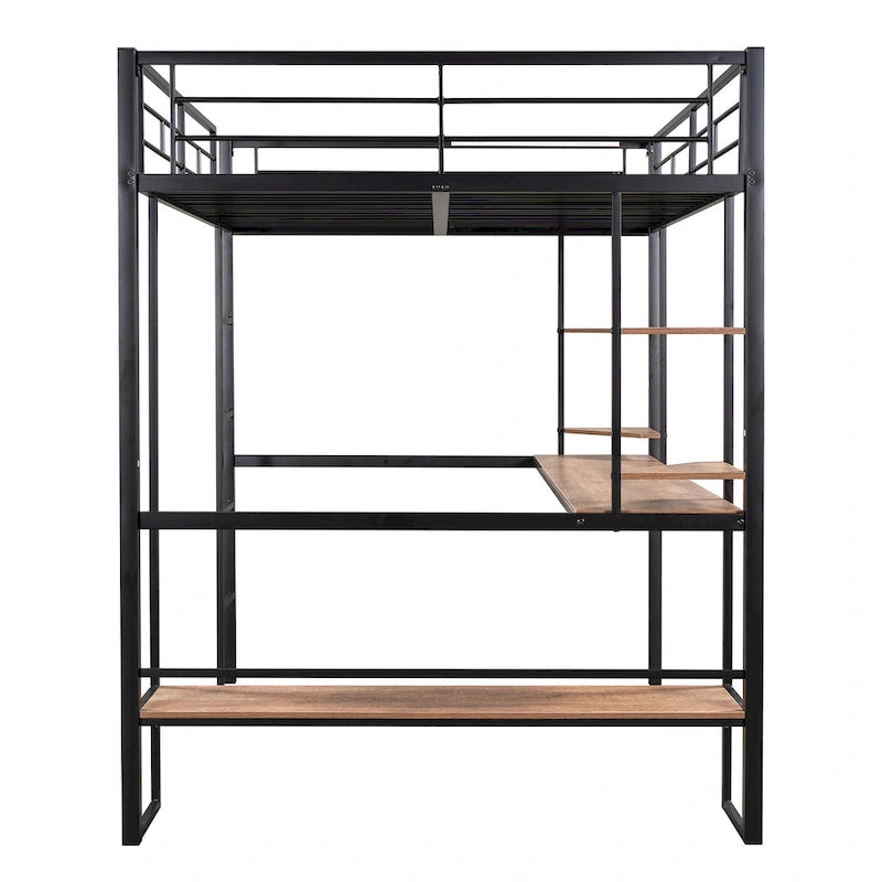Cama alta de metal de tamaño completo con escritorio largo y estantes para niños y niñas