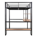 Cama alta de metal de tamaño completo con escritorio largo y estantes para niños y niñas