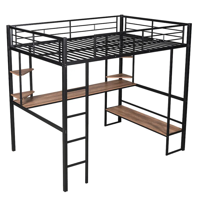 Cama alta de metal de tamaño completo con escritorio largo y estantes para niños y niñas