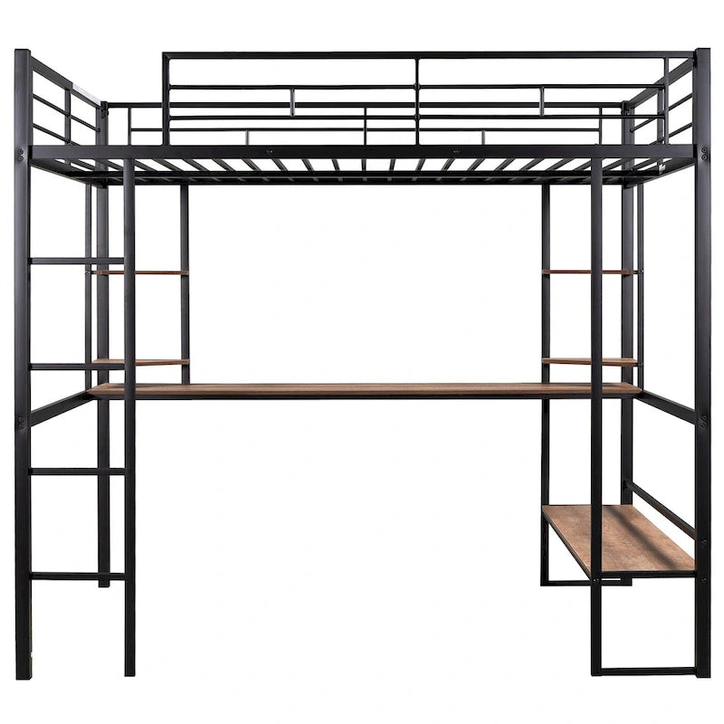 Cama alta de metal de tamaño completo con escritorio largo y estantes para niños y niñas
