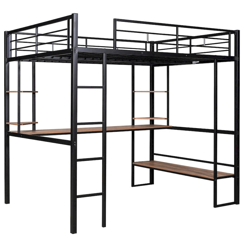 Cama alta de metal de tamaño completo con escritorio largo y estantes para niños y niñas