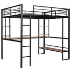 Cama alta de metal de tamaño completo con escritorio largo y estantes para niños y niñas