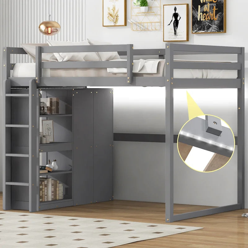 Cama alta de madera tamaño matrimonial con armario empotrado y estantes de almacenamiento, luz led