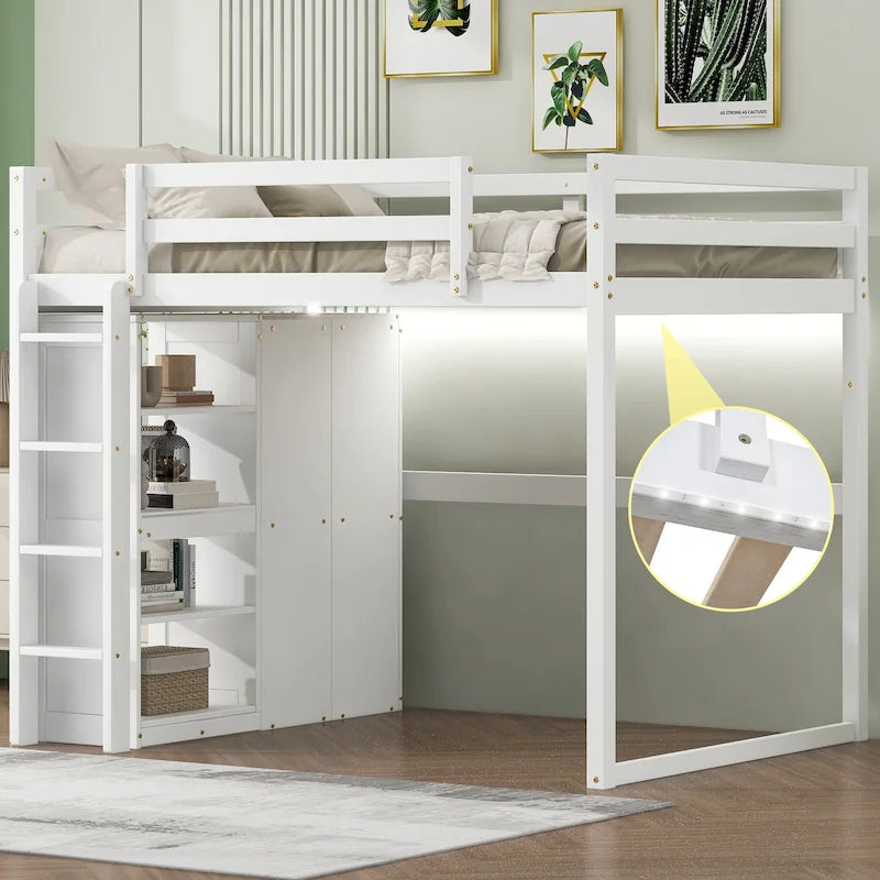 Cama alta de madera tamaño matrimonial con armario empotrado y estantes de almacenamiento, luz led