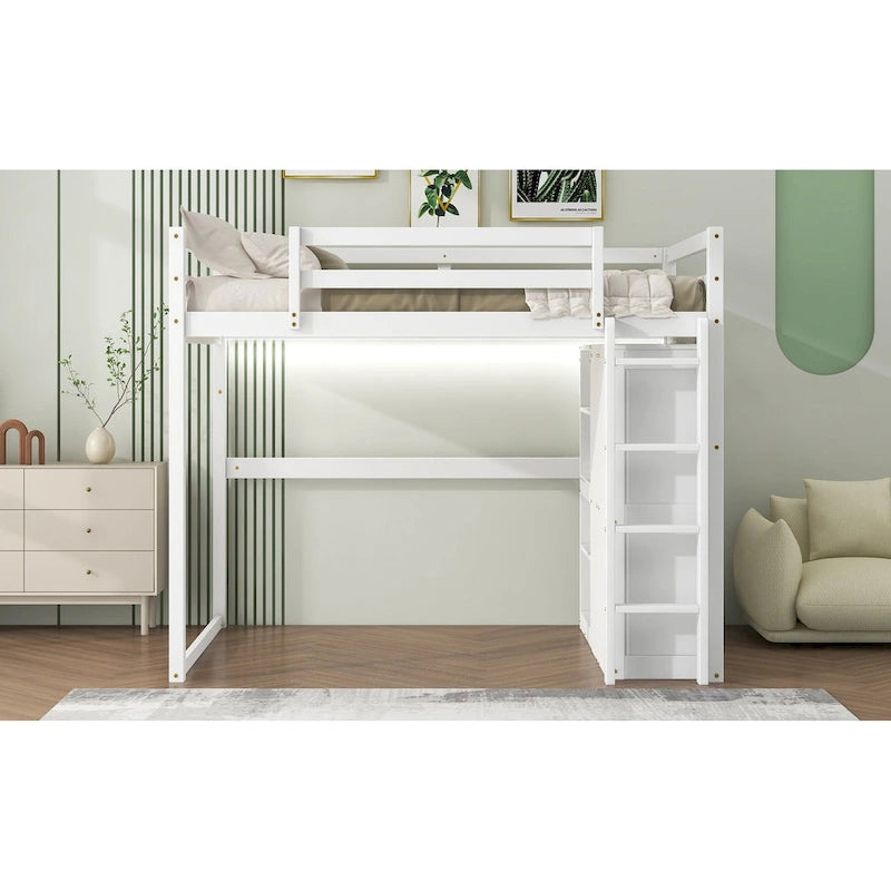 Cama alta de madera tamaño matrimonial con armario empotrado y estantes de almacenamiento, luz led