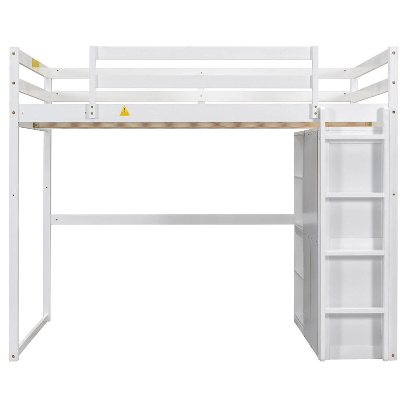 Cama alta de madera tamaño matrimonial con armario empotrado y estantes de almacenamiento, luz led