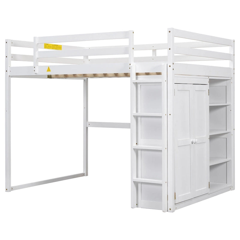 Cama alta de madera tamaño matrimonial con armario empotrado y estantes de almacenamiento, luz led
