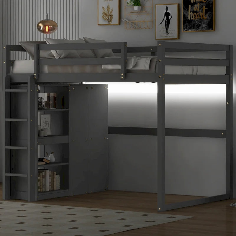 Cama alta de madera tamaño matrimonial con armario empotrado y estantes de almacenamiento, luz led