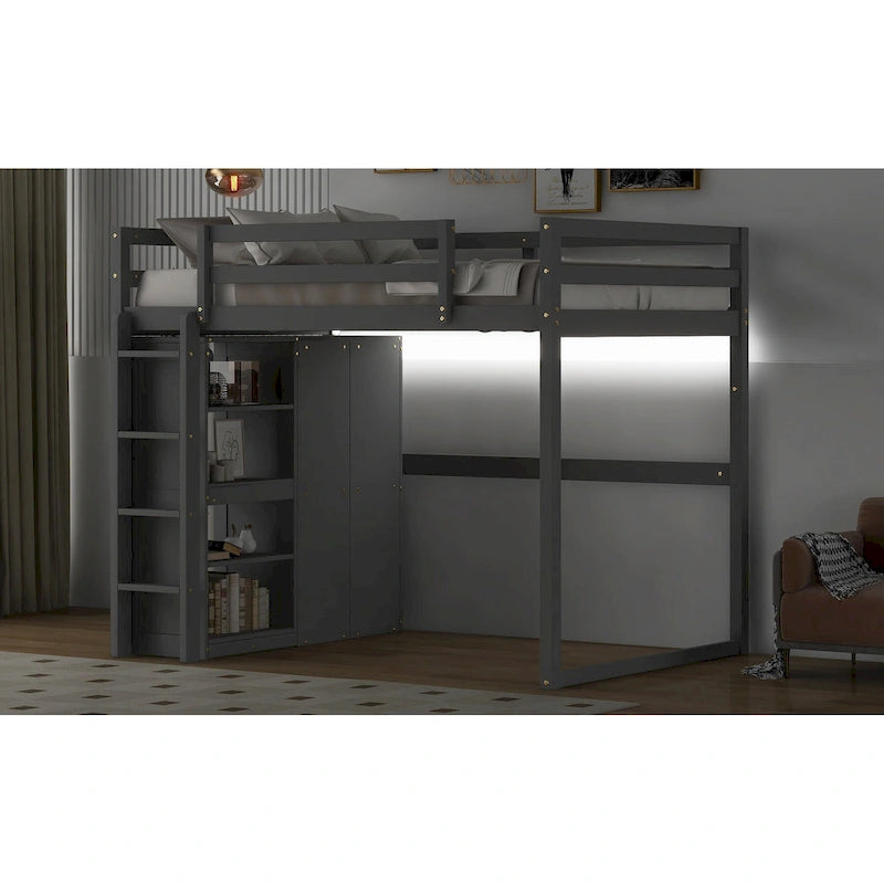 Cama alta de madera tamaño matrimonial con armario empotrado y estantes de almacenamiento, luz led