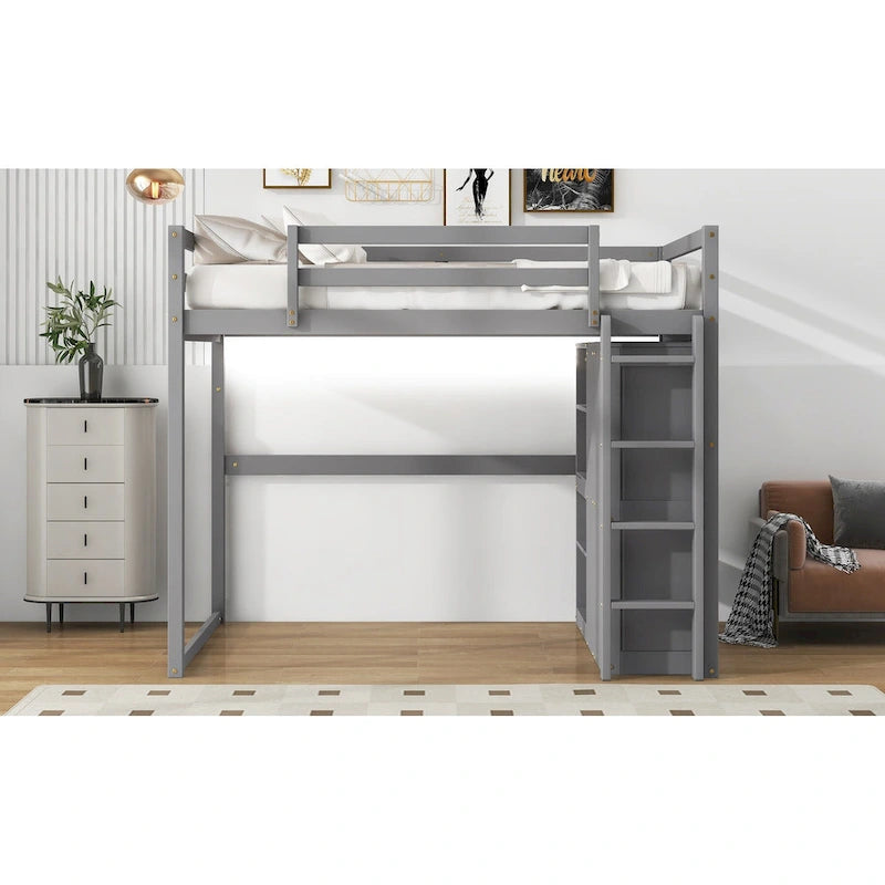 Cama alta de madera tamaño matrimonial con armario empotrado y estantes de almacenamiento, luz led