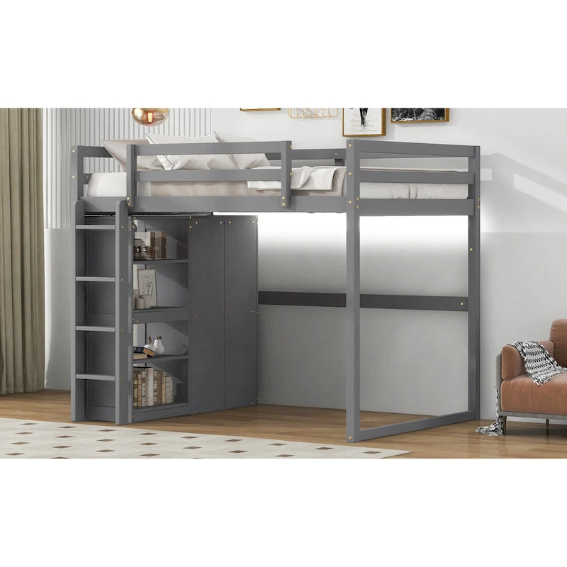 Cama alta de madera tamaño matrimonial con armario empotrado y estantes de almacenamiento, luz led