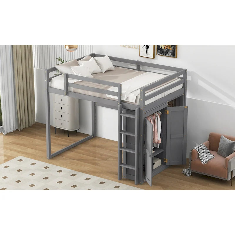 Cama alta de madera tamaño matrimonial con armario empotrado y estantes de almacenamiento, luz led