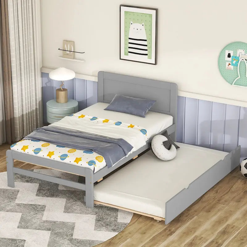 Cama individual de madera gris con cama nido