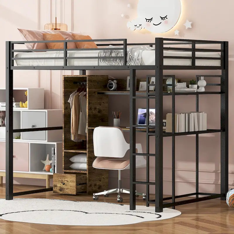 Cama alta de metal matrimonial con armario, cajón, escritorio y estantes incorporados