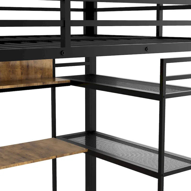 Cama alta de metal matrimonial con armario, cajón, escritorio y estantes incorporados