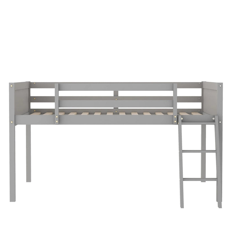 Cama tipo litera baja de madera maciza gris tamaño completo con escalera y deflector de cerca, y soporte de listones de madera para dormitorio